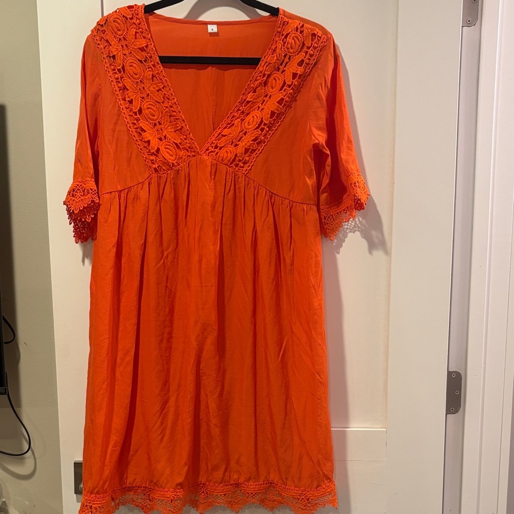 Vibrant Orange Lace-Trimmed Dress